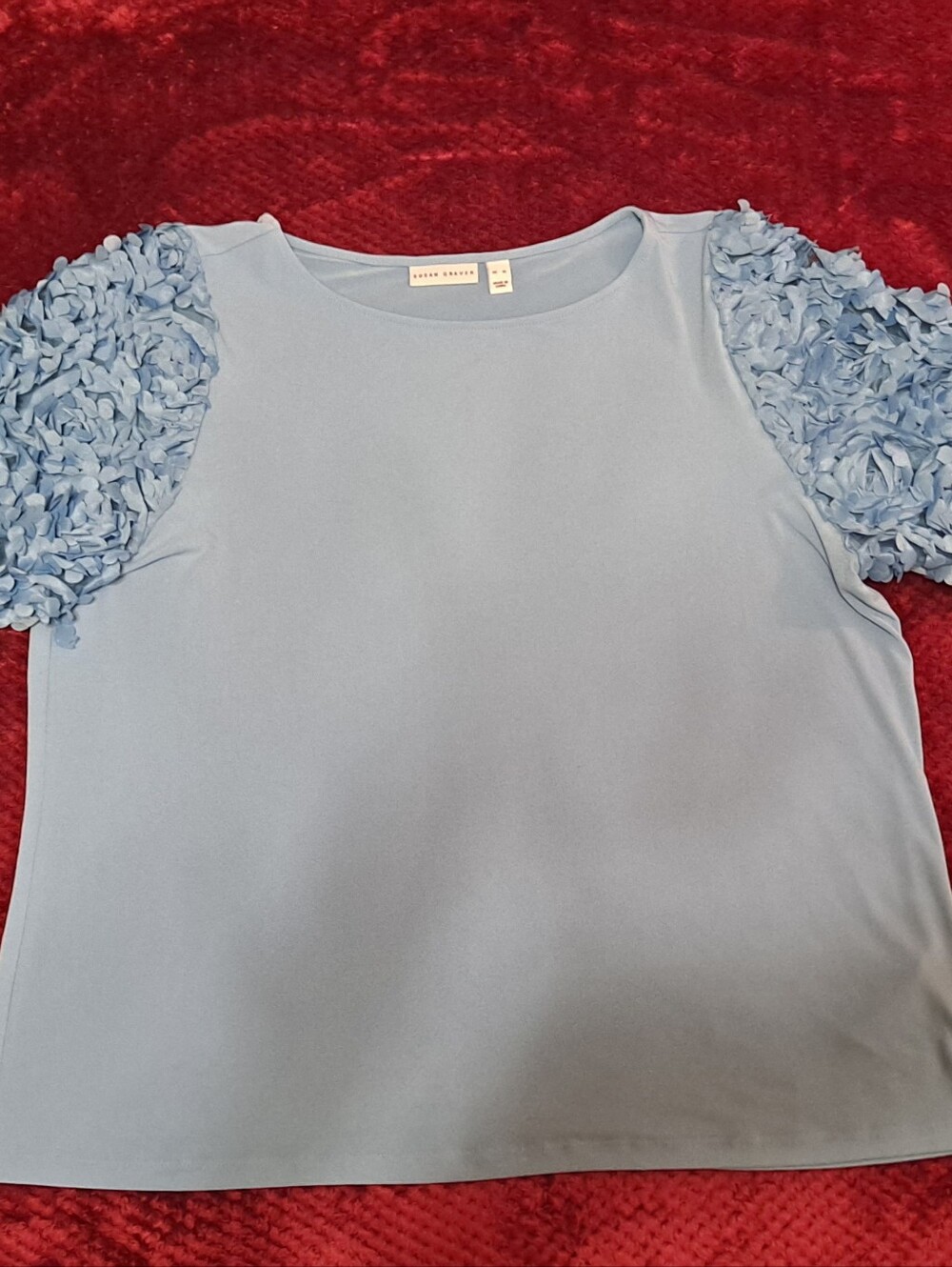 Susan Graver Light Blue Puff-Sleeve Floral Appliqué Top Sz XL